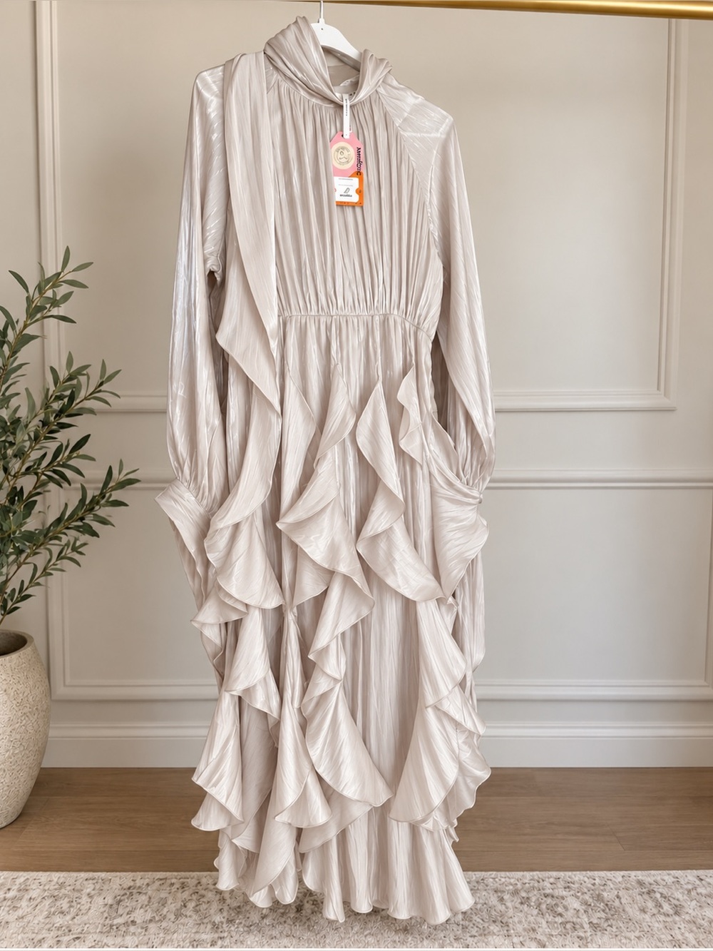Elegant shiny Ivoryish Ruffle Long-Sleeve Maxi Dress